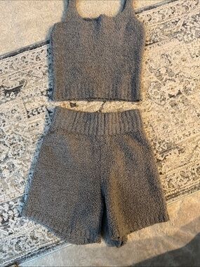 Skims Cozy Plush Two-Piece Knit Tank & Shorts Set - Gray